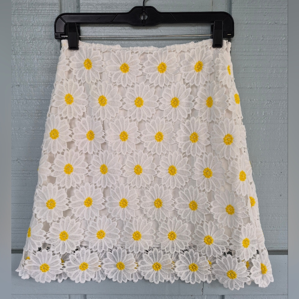 Miami Crocheted Daisy Lace Mini Skirt in White Yellow S Lined Coquette Fairycore